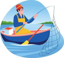A flat illustration of a character fishing with a net vector