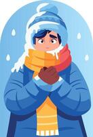 A character wearing warm clothes in shivering cold weather, flat illustration vector