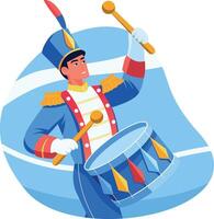 A flat style illustration of drumming character wearing a band uniform vector