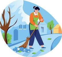 Flat style illustration of a character sweeping the road with a broom vector