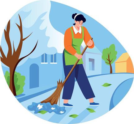 Flat style illustration of a character sweeping the road with a broom