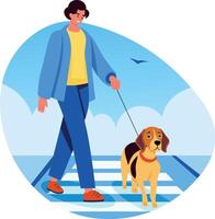 Flat illustration of a character strolling with a walking dog vector