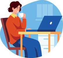 Flat illustration of a character working on laptop and sipping coffee vector