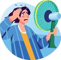 Flat illustration of a character holding a fan depicting hot weather vector