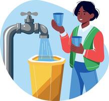 Flat style illustration of a character drinking clean water from a tap vector