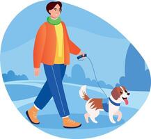 A character strolling with a walking dog, flat style illustration vector