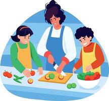 Mom cooking with his children, flat style illustration vector