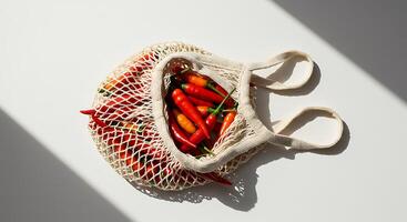 Red Chili Peppers in Mesh Bag on White Surface with Shadows photo