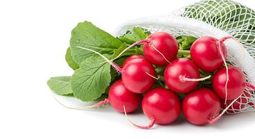 Fresh Radishes in a Mesh Bag Healthy Eating Still Life photo