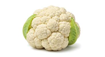 Fresh Cauliflower Head Close Up with Green Leaves on White photo
