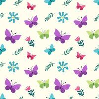 Seamless pattern featuring colorful butterflies and floral elements. Simple cartoon style with flat shapes and soft outlines. Light cream background. vector
