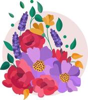 Colorful composition of blooming flowers including red, purple, and yellow varieties arranged with green leaves in a circular layout. Flat cartoon style with soft lines and vivid contrasts. vector