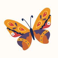 Orange butterfly with decorative wing patterns and floral elements. Cartoon style with bold outlines and flat colors. vector