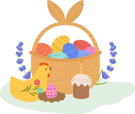 Easter illustration featuring a wicker basket filled with painted eggs, a hen, festive cake, and blooming lavender flowers. Cartoon style with smooth lines and vivid tones.
