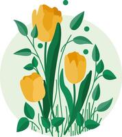 Yellow tulips with long green stems and leaves placed in a soft round frame. Minimal cartoon style with smooth curves and flat colors. vector