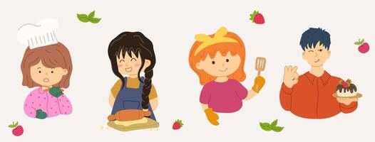 Children involved in baking, each with different tools related to baking. Cartoon style with bold outlines and bright colors. vector