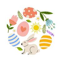 Colorful Easter celebration with bunny, eggs, and spring flowers in a cheerful arrangement vector