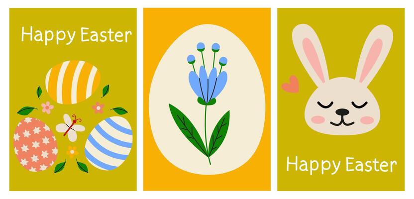 Colorful Easter greeting cards featuring decorated eggs, a flower, and a bunny