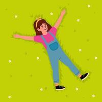 Child enjoying a sunny day lying in green grass with a joyful expression on her face vector