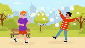 Two children playing with bubbles in a city park on a sunny day with greenery and buildings around vector