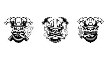 Skull Construction Worker Faces with Crossed Hammers vector