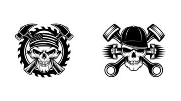 Two skull logos, one with axes and American flag, the other with pistons and wrench. vector