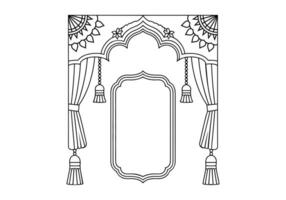 A stylized, black and white line drawing of an ornate archway with flowing drapes and decorative tassels. vector