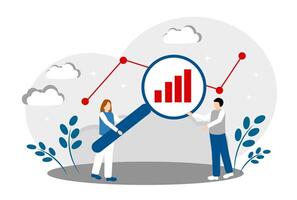 A man and a woman with a magnifying glass and diagrams. Business Development and Career Development Concept vector