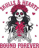 Skulls and Hearts Bound Forever Day of the Dead Skeleton Valentine Design vector