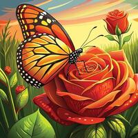 a painting of a butterfly on a red rose vector
