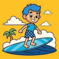 a cartoon boy riding a surfboard on a beach vector