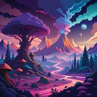 a colorful fantasy landscape with mushrooms and trees vector