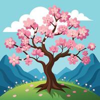 illustration of cherry blossom tree with mountains and clouds vector