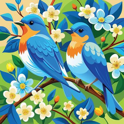 two blue birds sitting on a branch with flowers