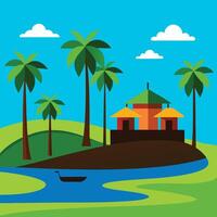 an island with a house and palm trees vector