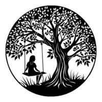 a silhouette of a girl sitting on a swing under a tree vector