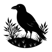 black raven sitting on grass with leaves vector