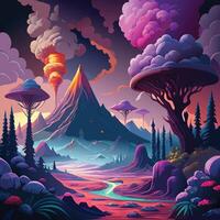 an illustration of a fantasy landscape with mushrooms and trees vector