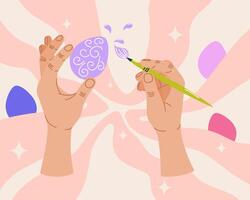 Hands painting Easter egg with swirl pattern using brush. Top view scene. Easter celebration. Springtime holidays. Design for greeting card, invitation, banner, postcard. vector