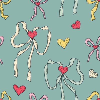 Lovely satin bow knots and hearts seamless pattern. Beautiful retro print for fabric, paper, textile. Hand drawn illustration.
