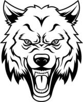 Black And White Angry Wolf Head With Sharp Teeth And Wild Look vector