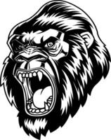 Black And White Gorilla Head With Open Mouth And Fierce Roar vector