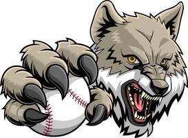 Fierce Wolf Mascot With Baseball Ball And Sharp Claws vector