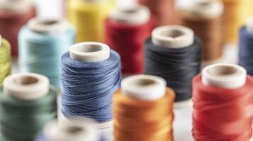 Many spools of thread are arranged in a row photo