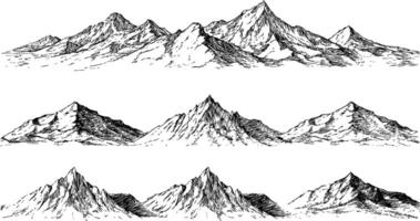 Hand-drawn mountain range, art, white background. vector