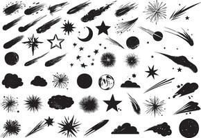 Stardust, shooting stars, and comets icons set isolated on a white background vector