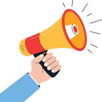 A hand holding a vibrant yellow and red megaphone against a plain white background. vector