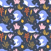 Marine seamless pattern with hand drawn dolphins vector