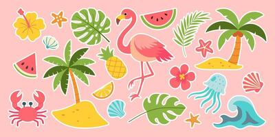 A collection of tropical-themed stickers featuring a variety of animals and plants. The stickers include a flamingo, a watermelon, a pineapple, a crab, a jellyfish, and a starfish vector