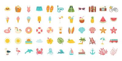 A collection of beach and summer themed icons. Some of the icons include a sun, a boat, a surfboard, a chair, a camera, and a watermelon vector